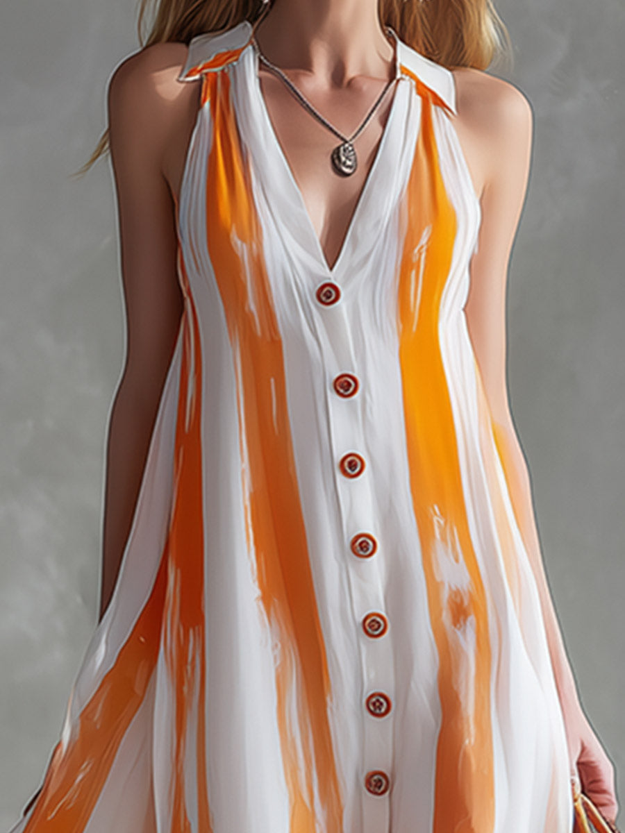 Classic and Elegant Orange Striped Chiffon Maxi Dress