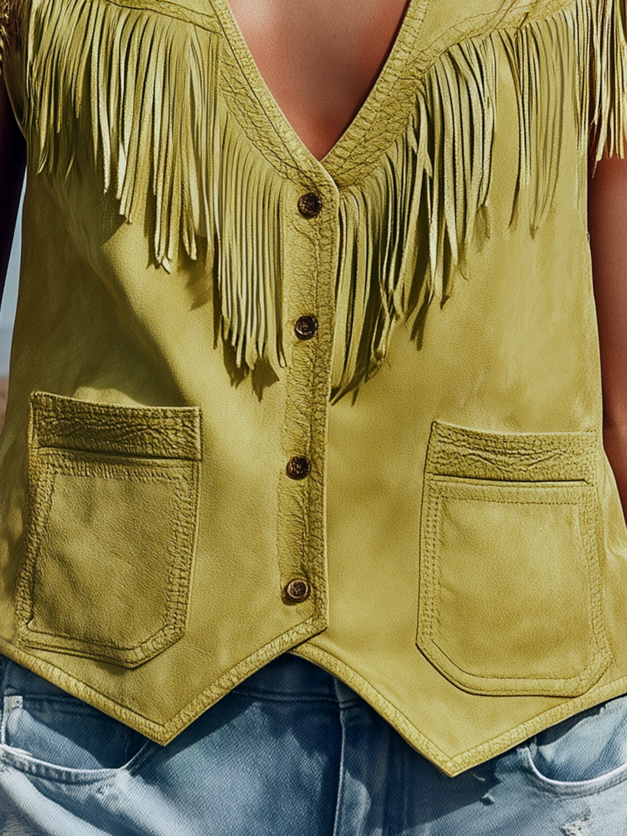 Western-style Sleeveless V-neck Tassel Solid Colour Vest
