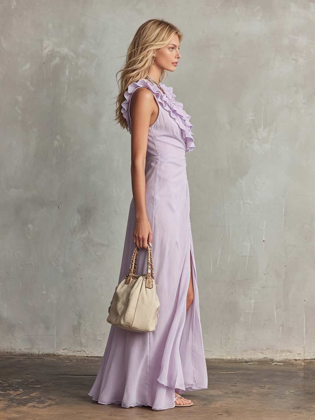 Stylish and Elegant V-neck Ruffled Sleeveless Chiffon Maxi Dress
