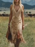 Bohemian V-Neck Fringe Sleeveless Printed Faux Suede Midi Dress