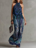 Mysterious and Elegant Purple Abstract Geometric Print Halter Maxi Dress