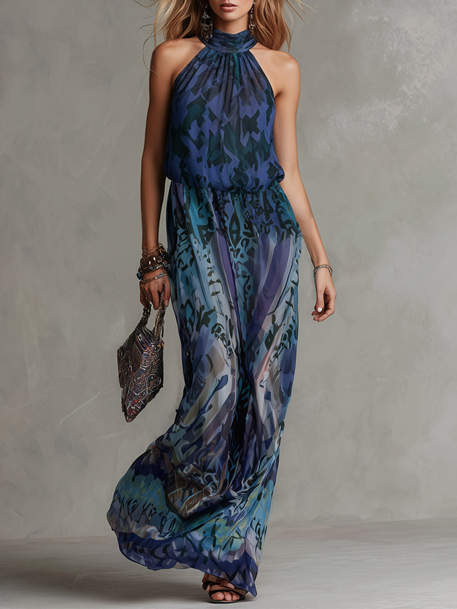 Mysterious and Elegant Purple Abstract Geometric Print Halter Maxi Dress