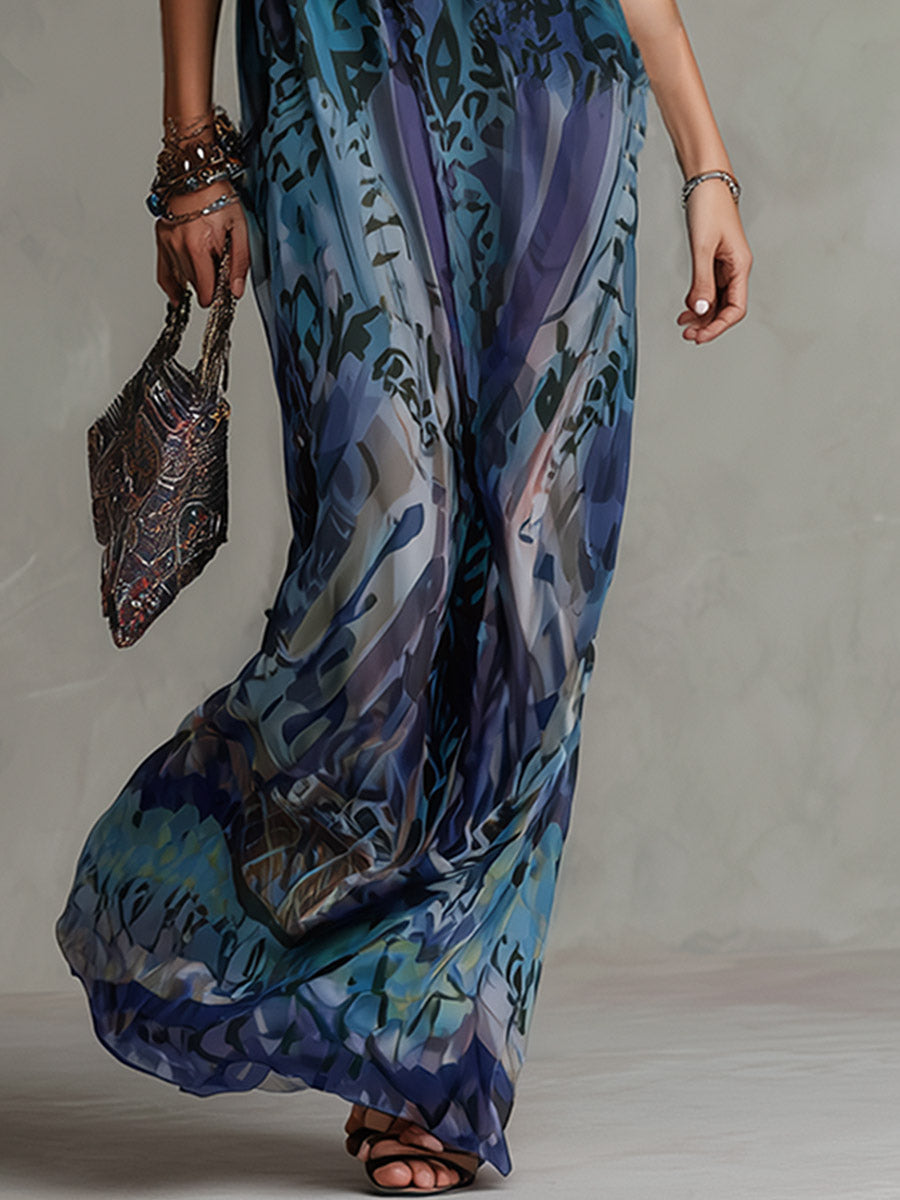 Mysterious and Elegant Purple Abstract Geometric Print Halter Maxi Dress