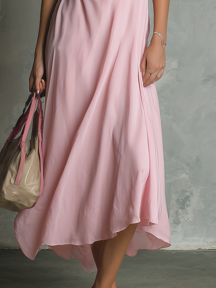 Simple and Casual Sleeveless Drop Neck Solid Colour Chiffon Midi Dress