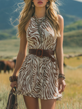 Western-style Sleeveless Round Neck Striped Printed A-line Chiffon Mini Dress