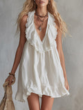 Elegant Urban Ruffled-Neck White Cotton-Linen Mini Dress