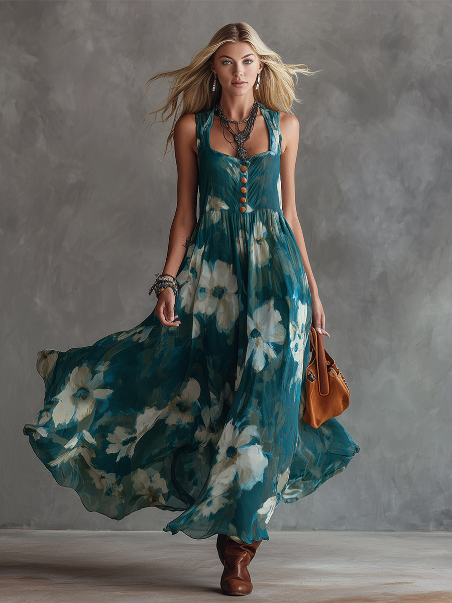 Retro Green Oil-Painting-Style Floral Print Chiffon Maxi Dress