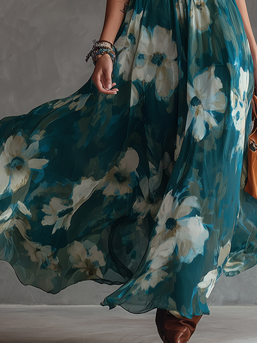 Retro Green Oil-Painting-Style Floral Print Chiffon Maxi Dress