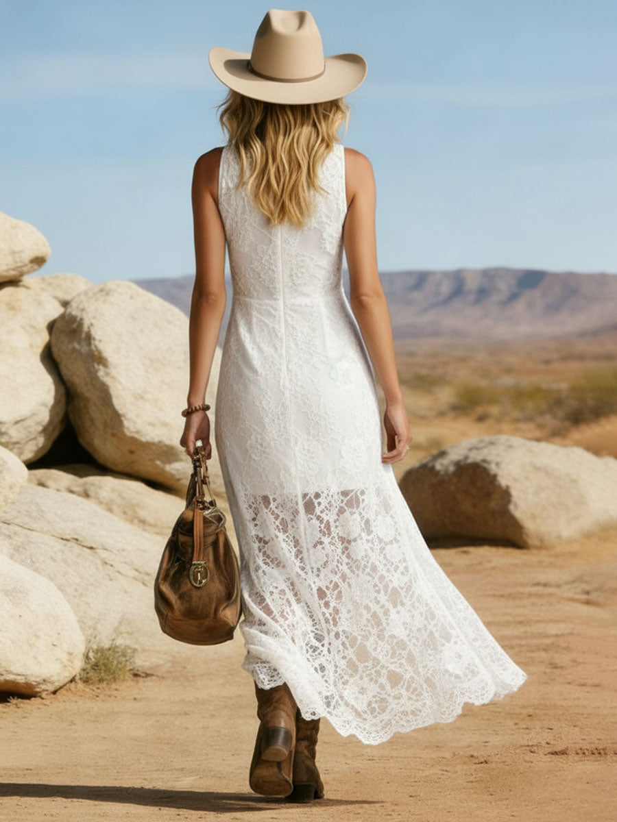 Elegant V-neck Button-down Lace Sleeveless Maxi Dress
