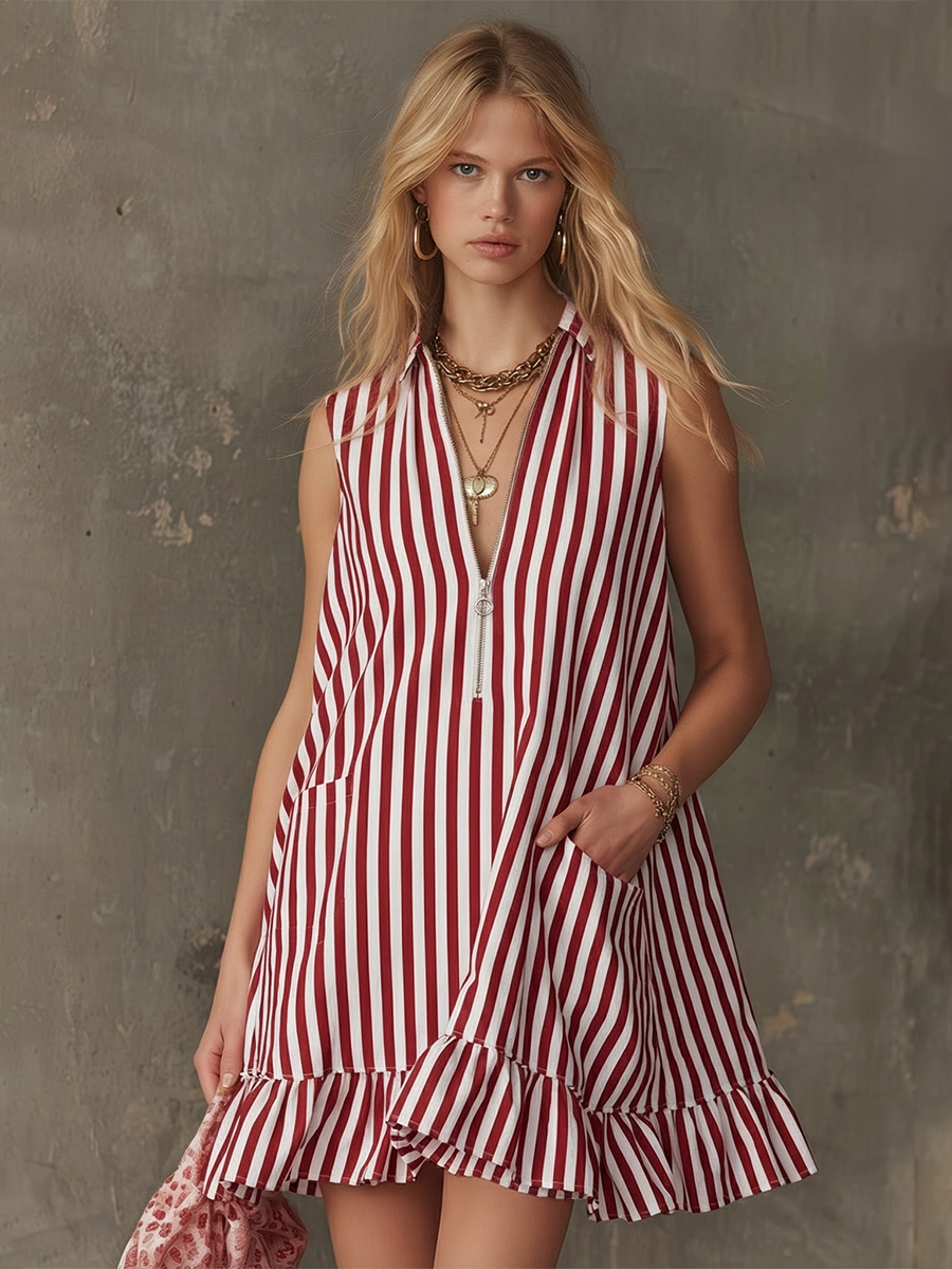Retro Lapel Colour-Block Striped Sleeveless Ruffled Mini Dress