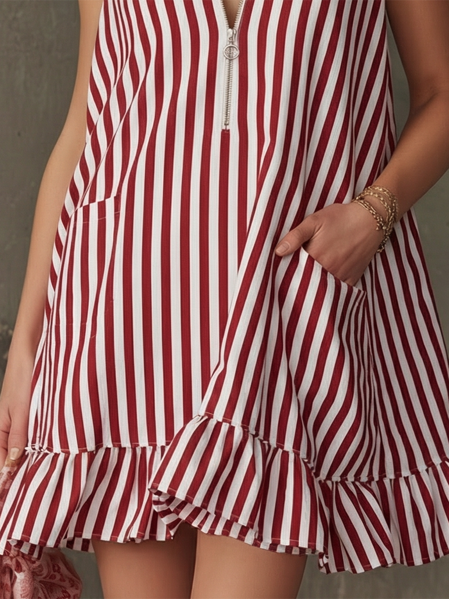 Retro Lapel Colour-Block Striped Sleeveless Ruffled Mini Dress