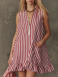 Retro Lapel Colour-Block Striped Sleeveless Ruffled Mini Dress