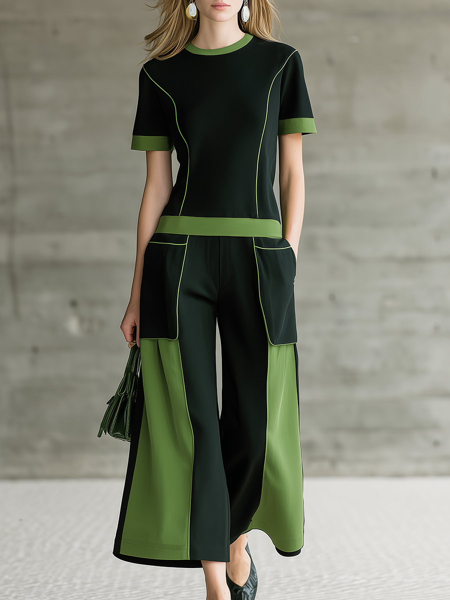 Retro Sporty Contrast Trim Short Sleeve T-Shirt and Colour-Blocked Cropped Trousers Set