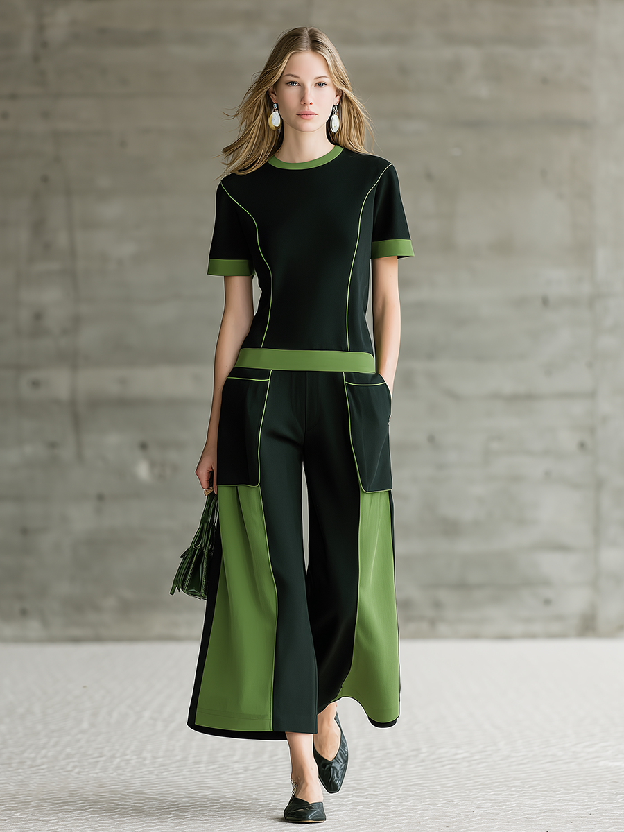 Retro Sporty Contrast Trim Short Sleeve T-Shirt and Colour-Blocked Cropped Trousers Set