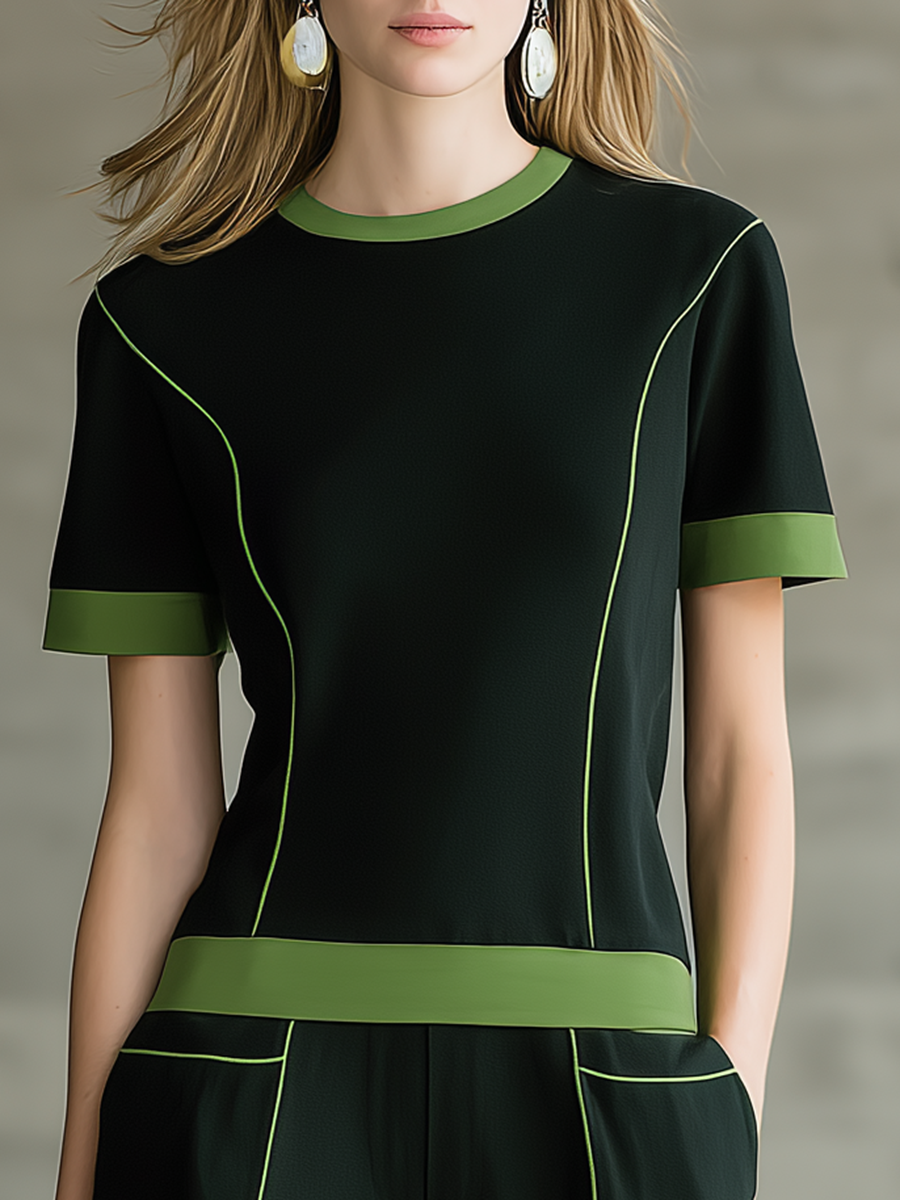 Retro Sporty Contrast Trim Short Sleeve T-Shirt And Color-Blocked Cropped Pants Set