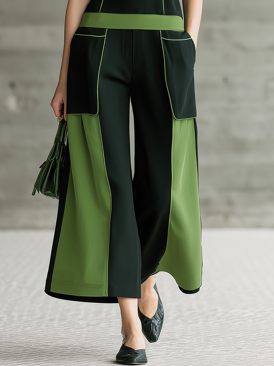 Retro Sporty Contrast Trim Short Sleeve T-Shirt And Color-Blocked Cropped Pants Set