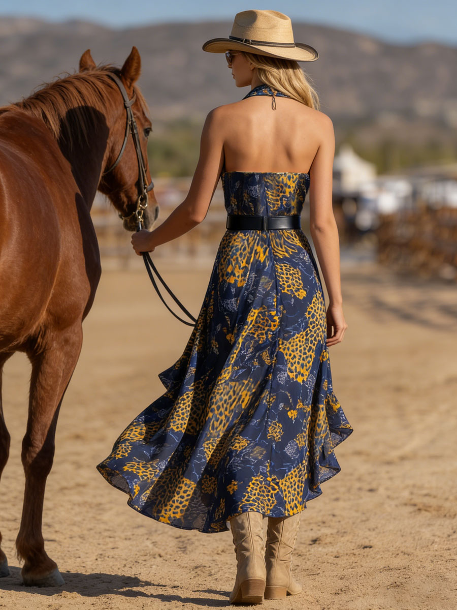 Western Bohemian Retro Yellow Leopard Print Blue Chiffon Sleeveless Midi Dress