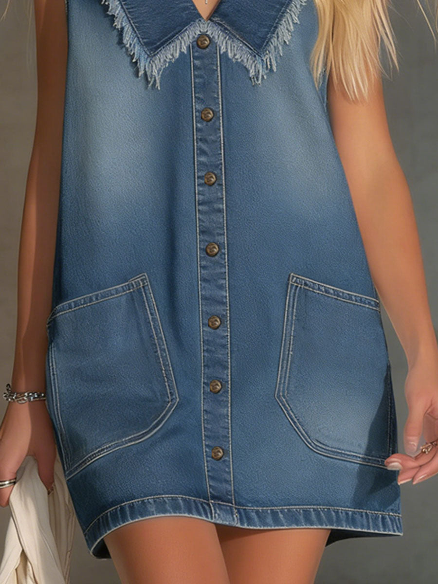 Retro-style Collared Denim Sleeveless Mini Dress