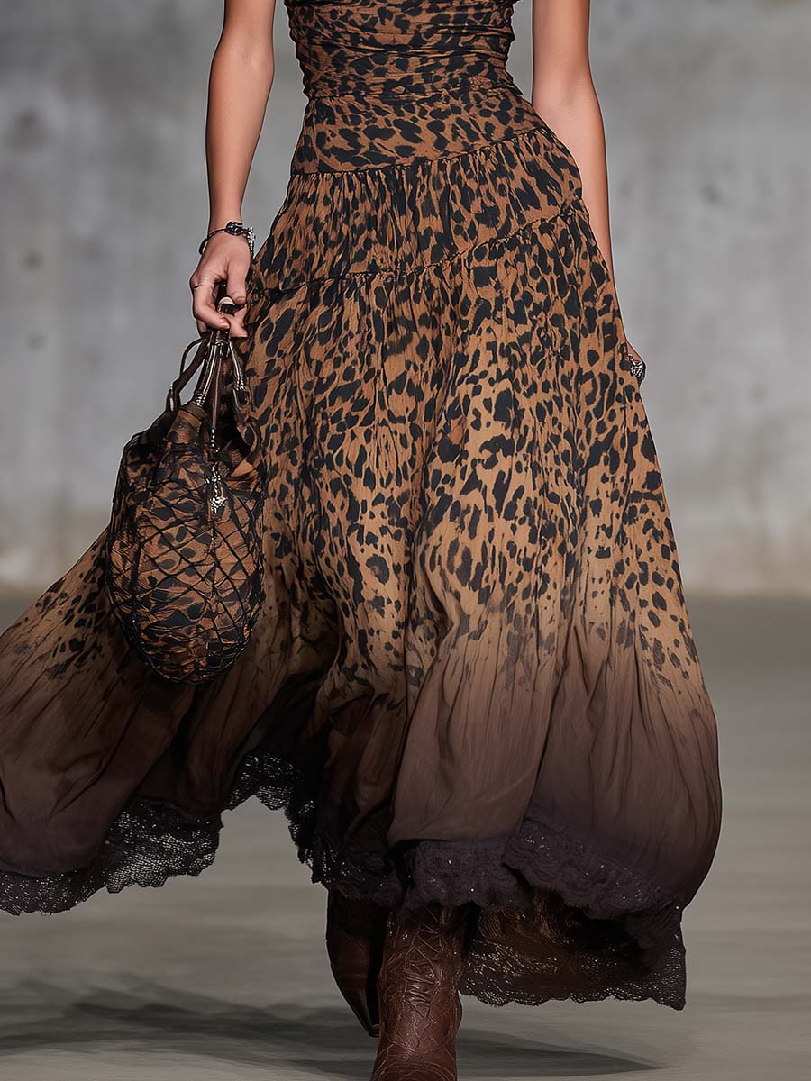 Retro Western Vacation Strapless Leopard Print Chiffon Maxi Dress