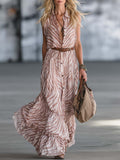 Retro Western Vacation Zebra-Print Chiffon Shirt Maxi Dress