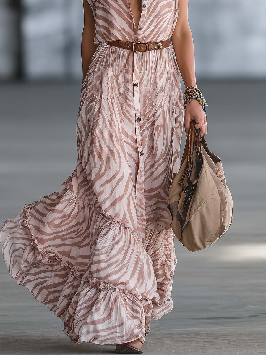 Retro Western Vacation Zebra-Print Chiffon Shirt Maxi Dress