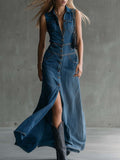 Elegant Retro Western V-Neck Front-Buttoned Blue Denim Slit Maxi Dress