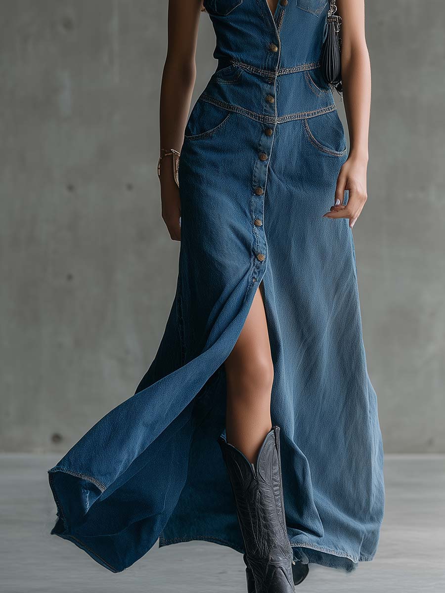 Elegant Retro Western V-Neck Front-Buttoned Blue Denim Slit Maxi Dress