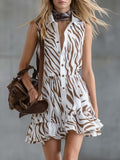 Elegant Retro Western Zebra Print Ruffled Hem Sleeveless Shirt-style Chiffon Mini Dress