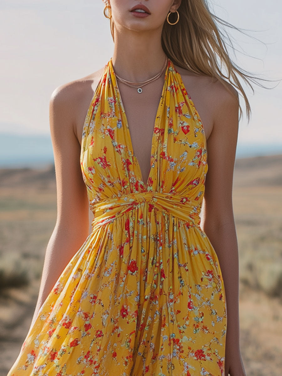 Western-style Retro Floral Yellow Fitted V-neck Sleeveless Chiffon Midi Dress