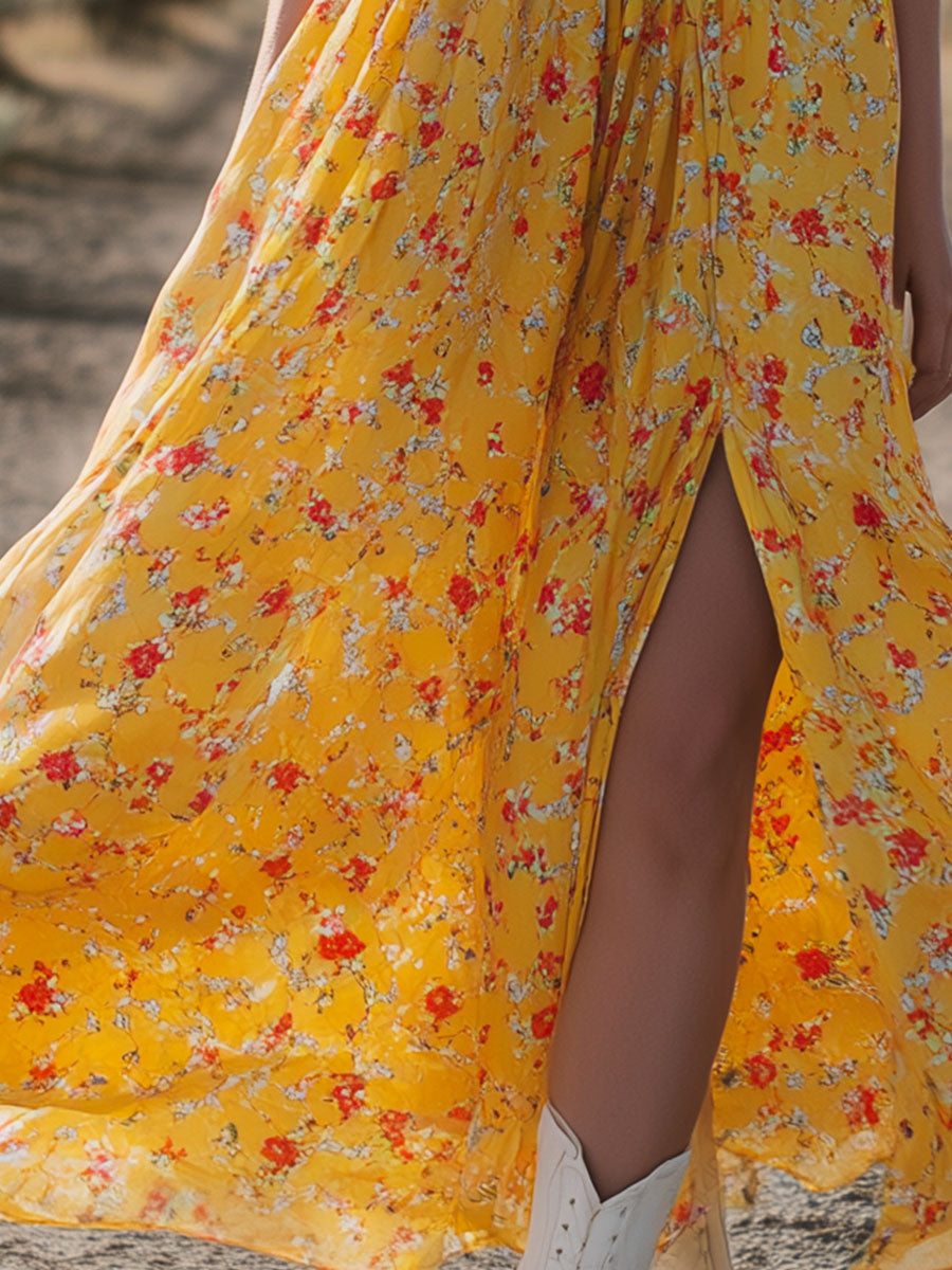 Western-style Retro Floral Yellow Fitted V-neck Sleeveless Chiffon Midi Dress