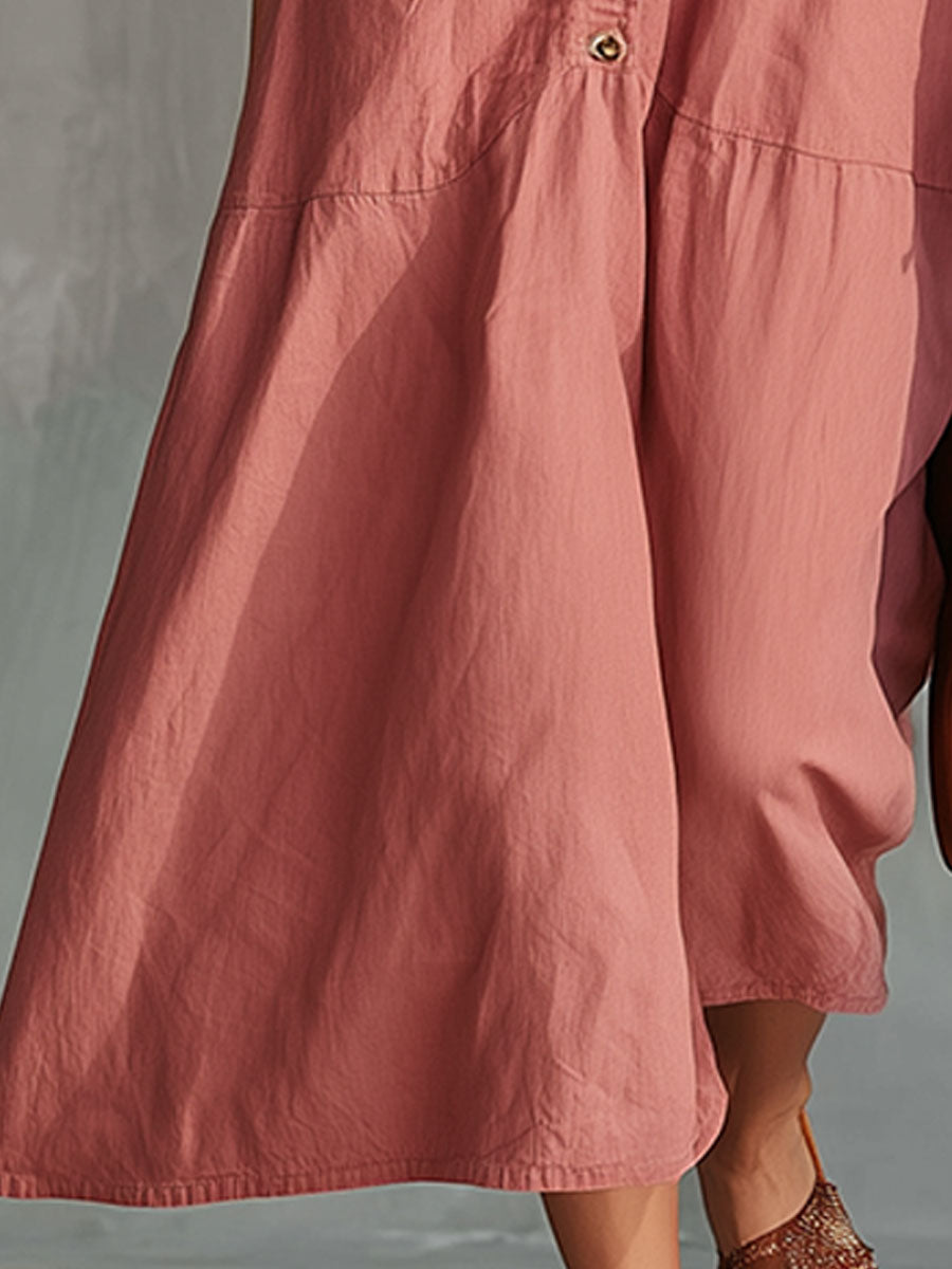 Casual Retro Pink Sleeveless Button Cotton Linen Midi Dress