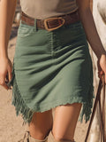 Casual Western Retro Light Green Denim Fringe Skirt