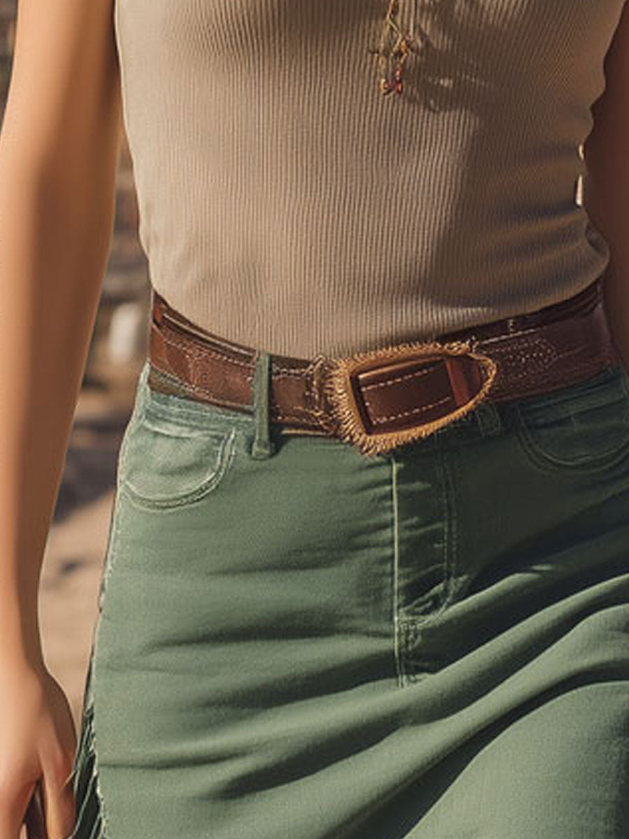 Casual Western Retro Light Green Denim Fringe Skirt