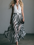 Stylish And Elegant V-neck Sleeveless Striped Printed Chiffon Maxi Dress