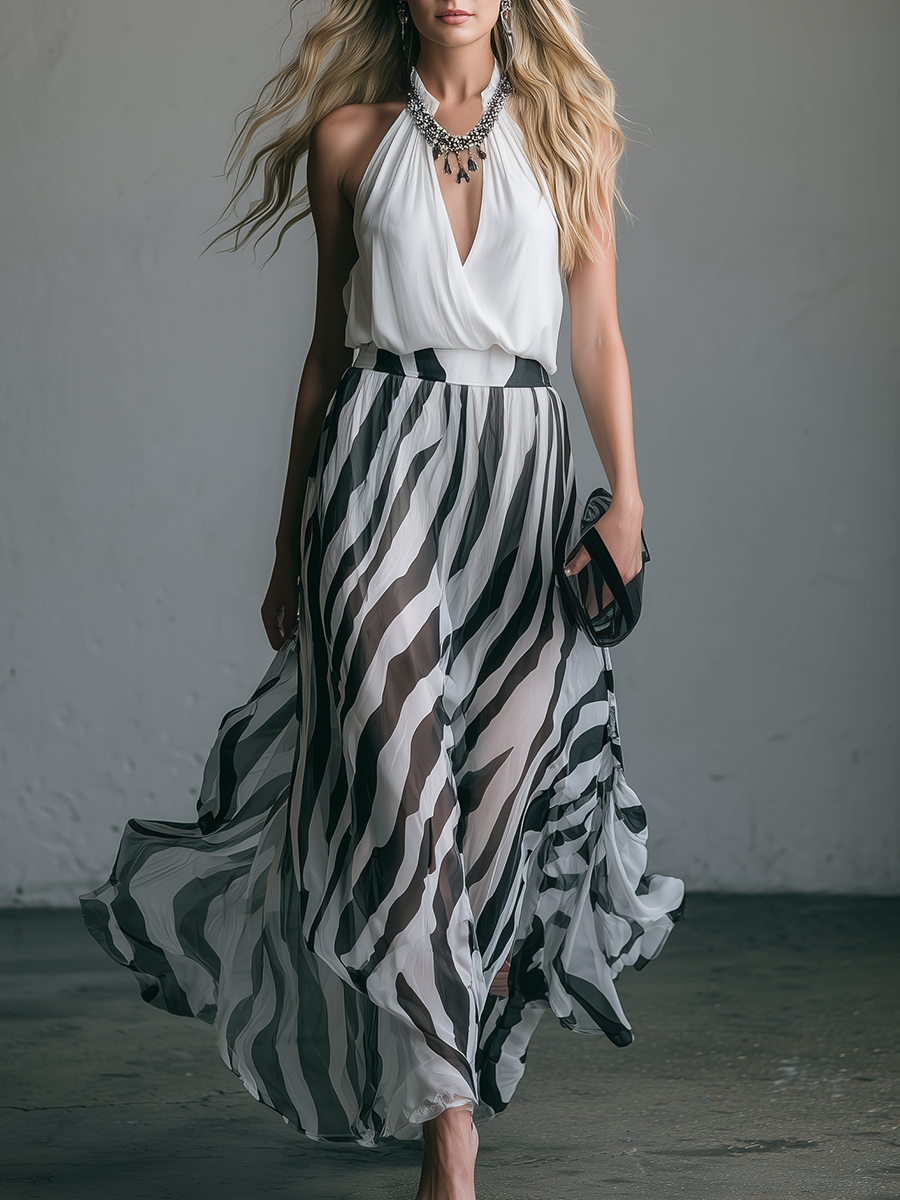 Stylish and Elegant V-neck Sleeveless Striped Printed Chiffon Maxi Dress