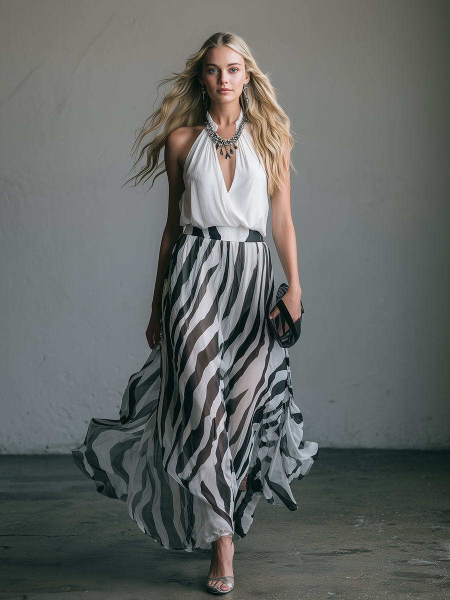 Stylish and Elegant V-neck Sleeveless Striped Printed Chiffon Maxi Dress