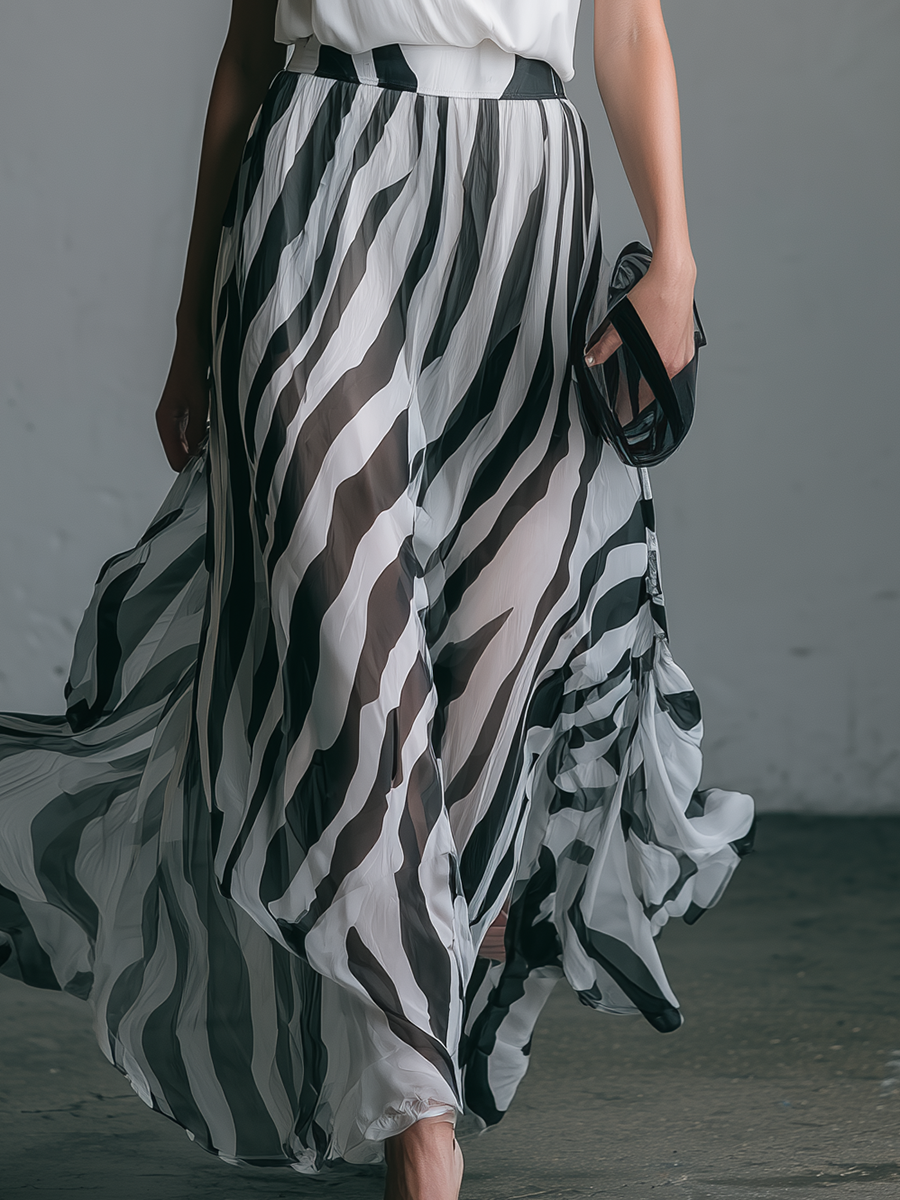 Stylish and Elegant V-neck Sleeveless Striped Printed Chiffon Maxi Dress