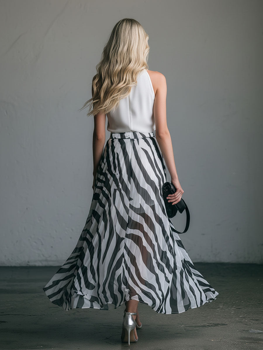 Stylish And Elegant V-neck Sleeveless Striped Printed Chiffon Maxi Dress