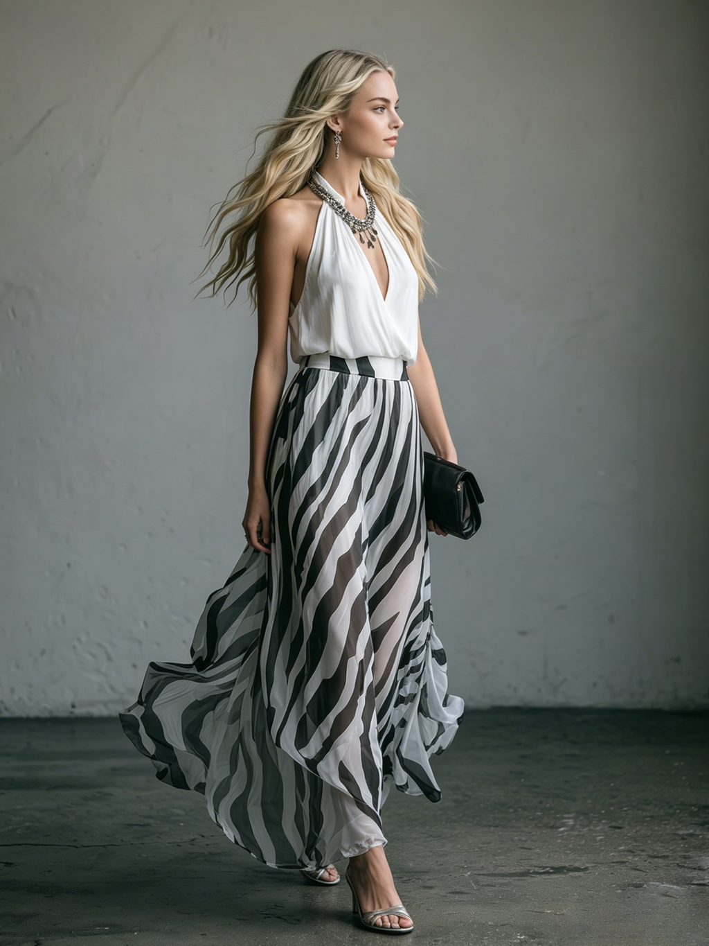 Stylish and Elegant V-neck Sleeveless Striped Printed Chiffon Maxi Dress