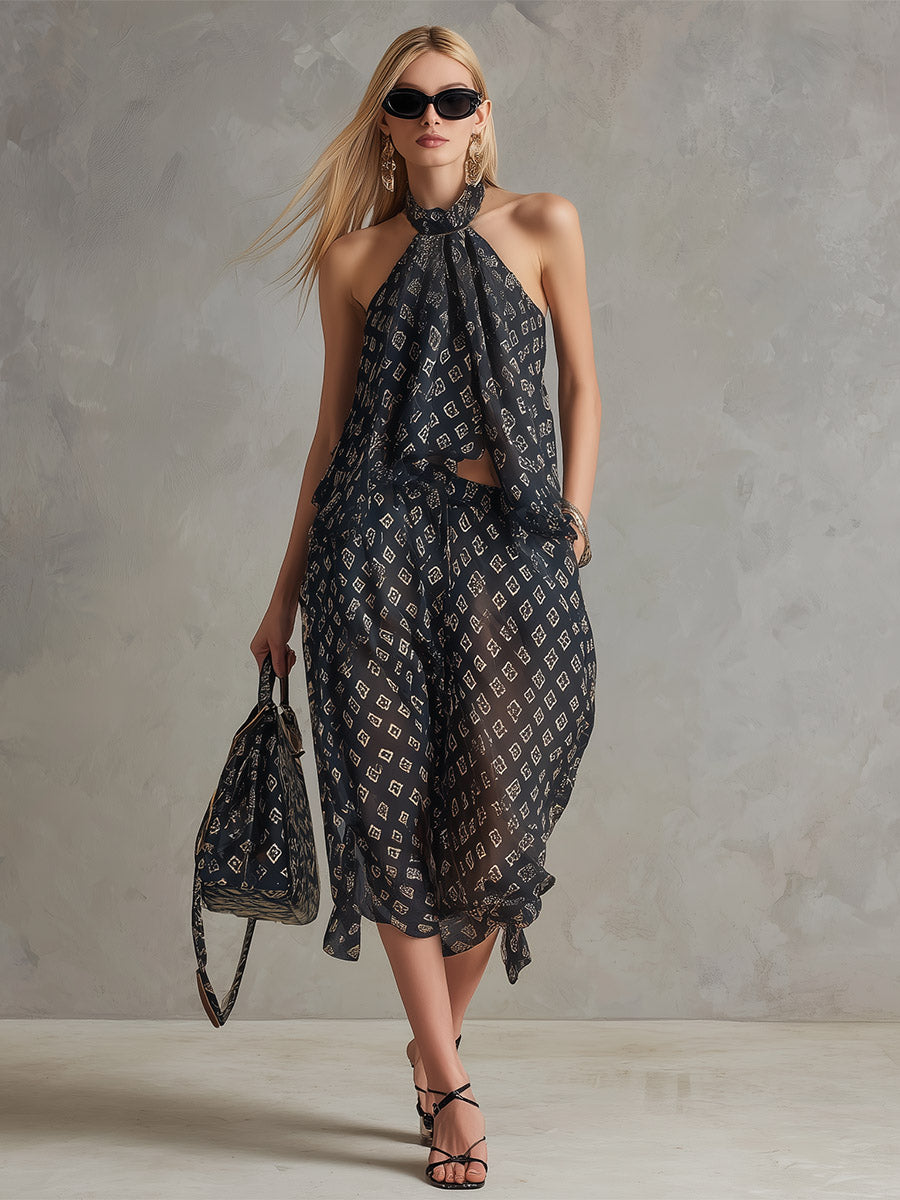 Retro-Elegant Black Printed Chiffon Halter Top and Cropped Trousers Set