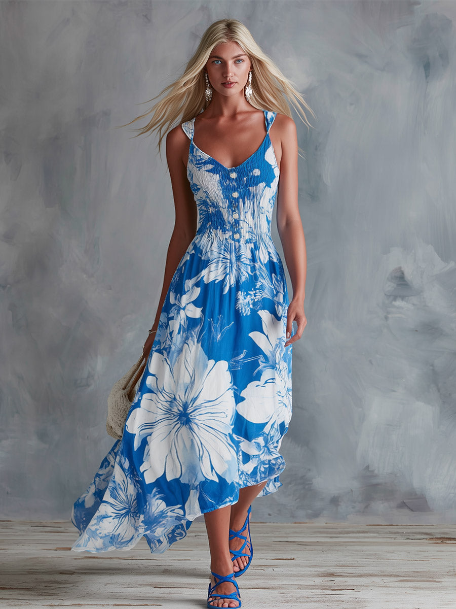 Elegant Urban-Style Blue Colour-Block Floral Print Chiffon Maxi Dress