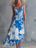 Elegant Urban-Style Blue Colour-Block Floral Print Chiffon Maxi Dress