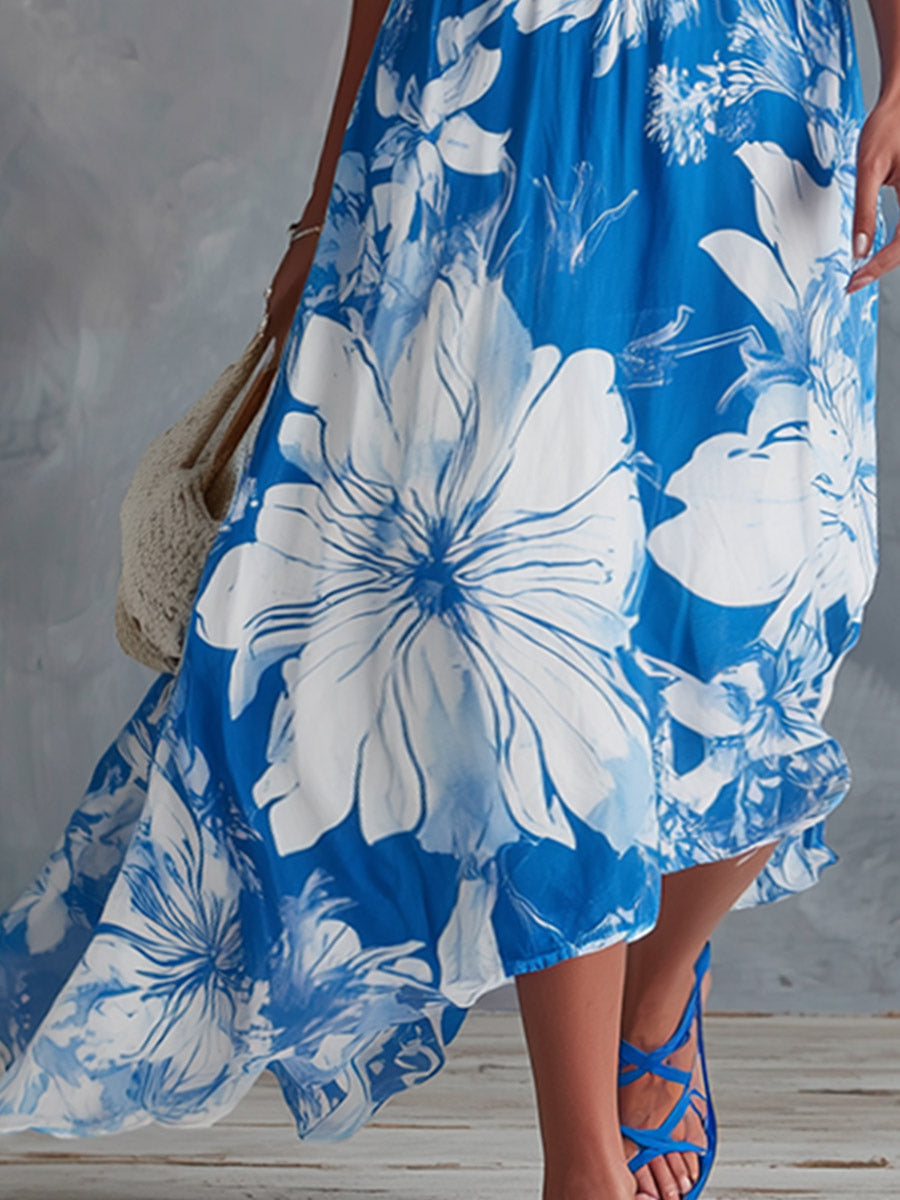 Elegant Urban-Style Blue Colour-Block Floral Print Chiffon Maxi Dress