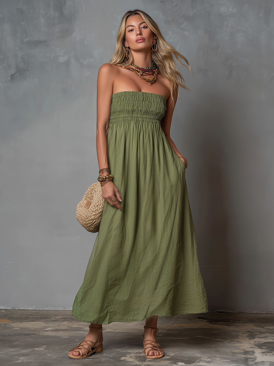 Casual and Relaxed Strapless Sleeveless Solid Colour Midi Dress