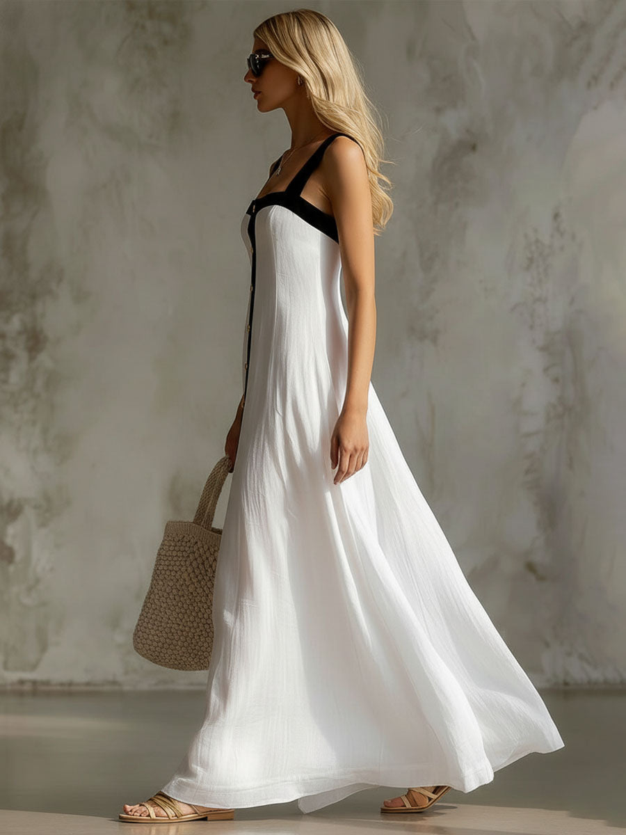Colour-blocked Wide-strap Cotton Linen Sleeveless Maxi Dress