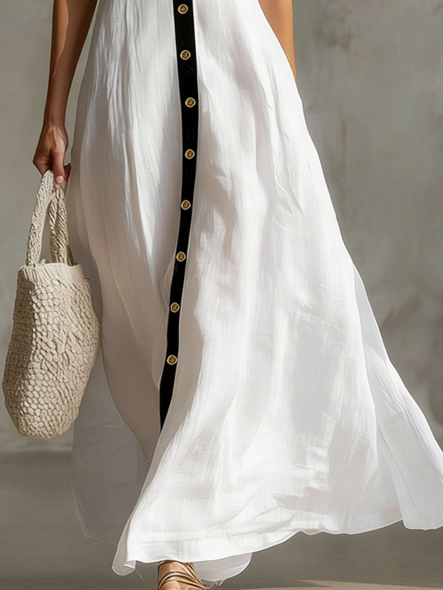Colour-blocked Wide-strap Cotton Linen Sleeveless Maxi Dress