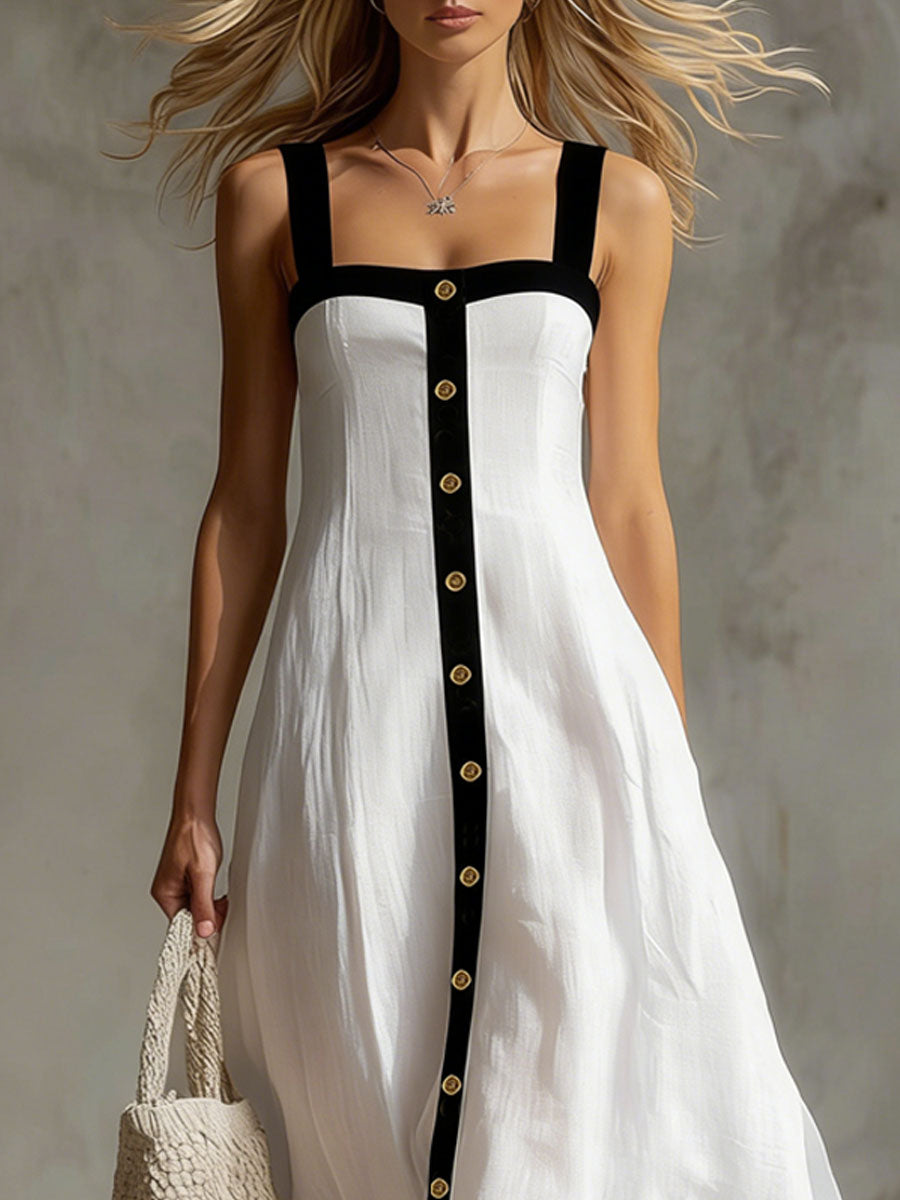 Colour-blocked Wide-strap Cotton Linen Sleeveless Maxi Dress