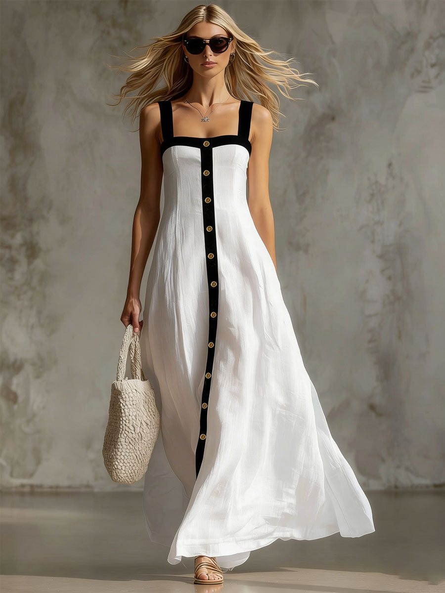 Colour-blocked Wide-strap Cotton Linen Sleeveless Maxi Dress