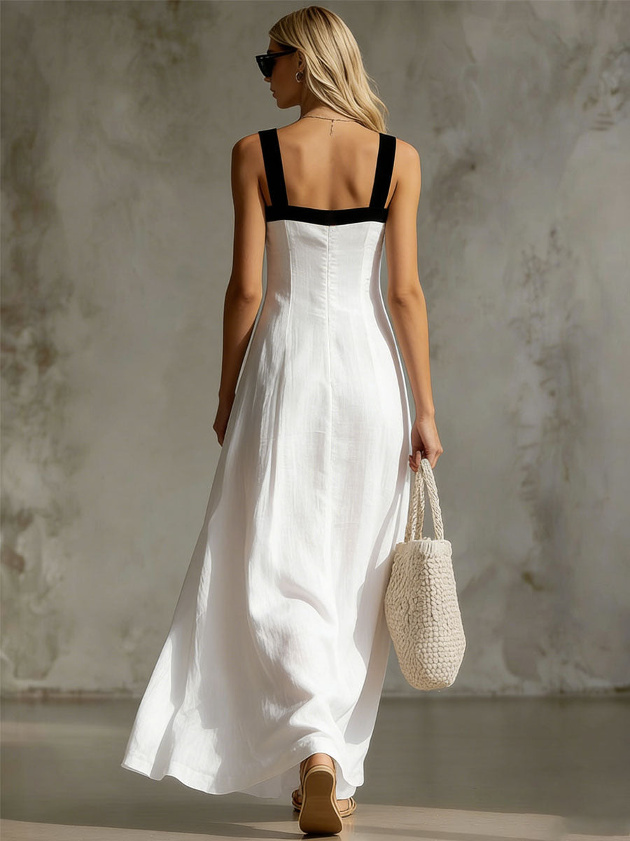 Colour-blocked Wide-strap Cotton Linen Sleeveless Maxi Dress