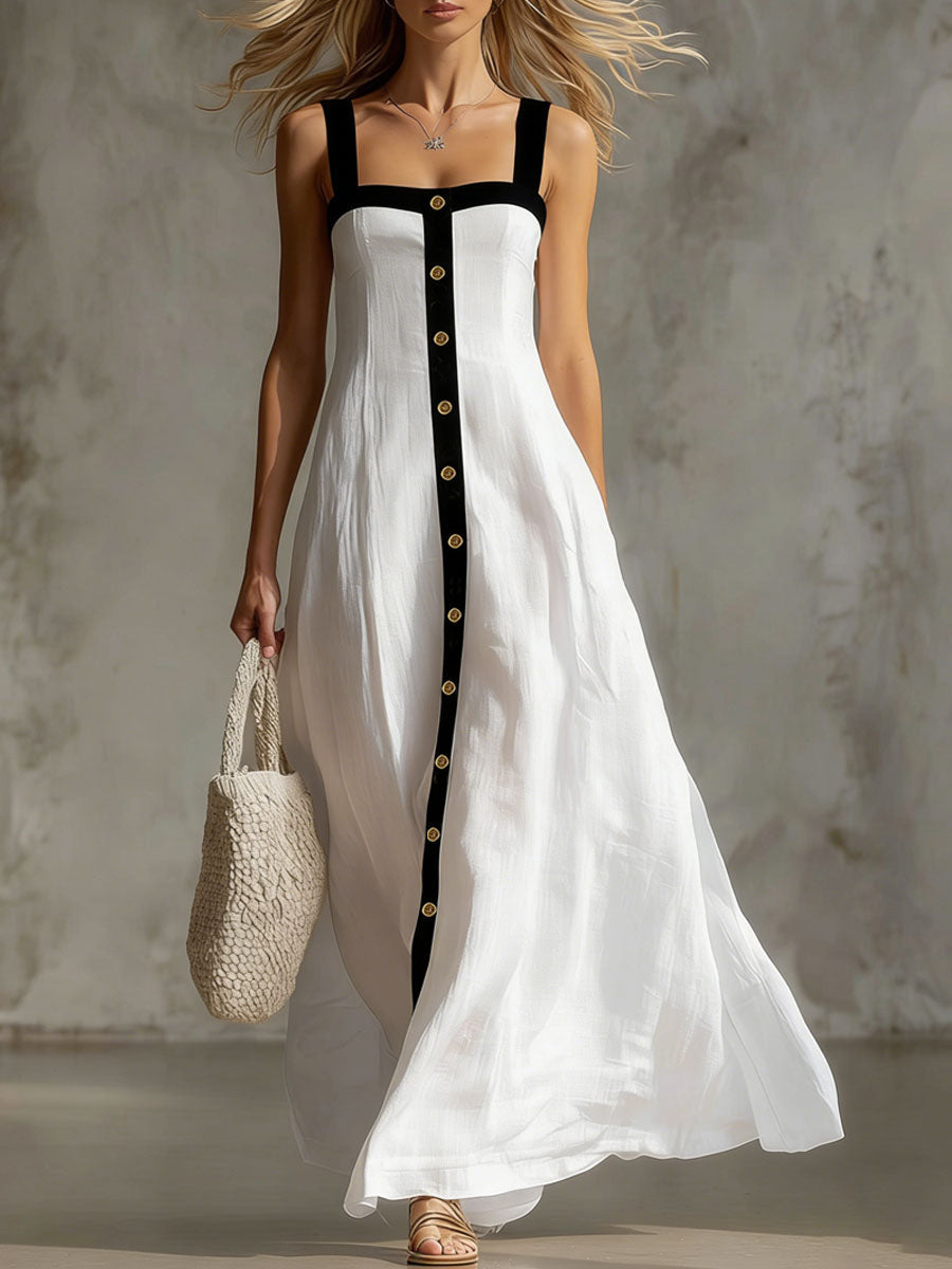 Colour-blocked Wide-strap Cotton Linen Sleeveless Maxi Dress